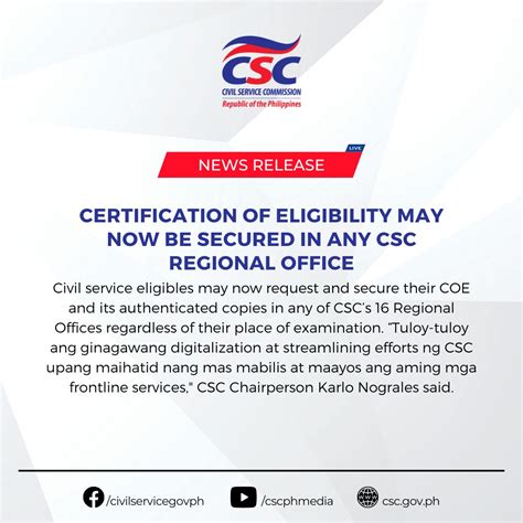 verification of civil service eligibility|Certification of Eligibility may now be secured in any CSC .